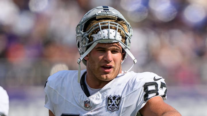 Sep 15, 2024; Baltimore, Maryland, USA; Las Vegas Raiders tight end Michael Mayer (87) looks on during the first half of the game against the Baltimore Ravens at M&T Bank Stadium. Mandatory Credit: Reggie Hildred-Imagn Images Sep 15, 2024; Baltimore, Maryland, USA; Las Vegas Raiders tight end Michael Mayer (87) looks on during the first half of the game against the Baltimore Ravens at M&T Bank Stadium. Mandatory Credit: Reggie Hildred-Imagn Images