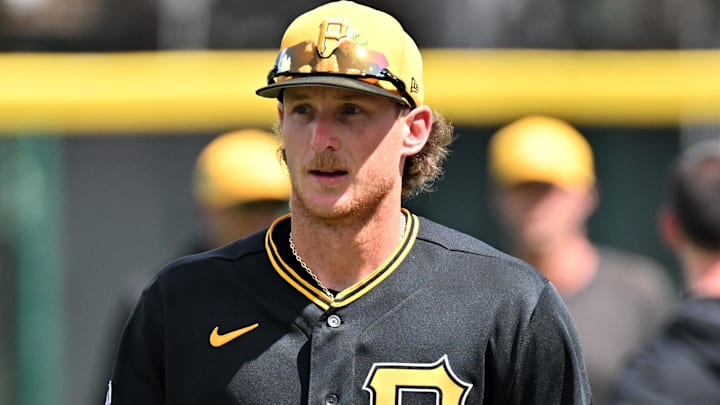 Mar 6, 2026; Bradenton, Florida, USA;  Pittsburgh Pirates center fielder Billy Cook (25) warms up before the start of the game against the Philadelphia Phillies during spring training at LECOM Park. Mandatory Credit: Jonathan Dyer-Imagn Images