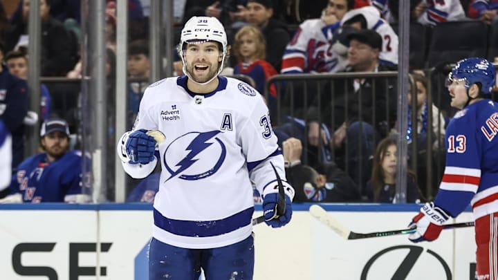 Nov 29, 2025; New York, New York, USA;  Tampa Bay Lightning left wing Brandon Hagel (38) reacts after scoring a goal in the first period against the New York Rangers at Madison Square Garden. Mandatory Credit: Wendell Cruz-Imagn Images
