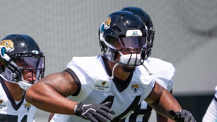 Jacksonville Jaguars defensive end Travon Walker (44) warms up during the fourth organized team activity at the Miller Electric Center in Jacksonville, Fla. Tuesday, May 27, 2025. [Doug Engle/Florida Times-Union]