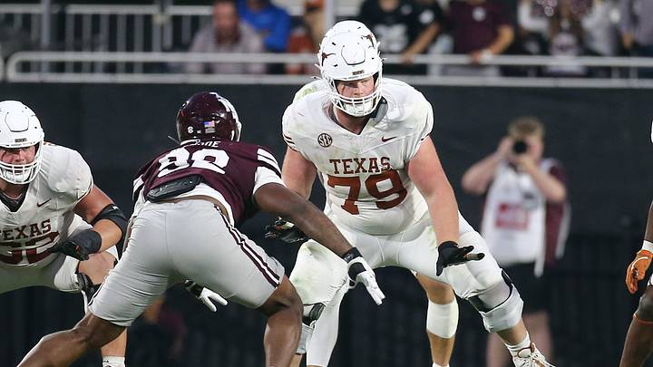 Oct 25, 2025; Starkville, Mississippi, USA; Texas Longhorns offensive linemen Connor Stroh (79) blocks during the fourth quarter against the Mississippi State Bulldogs at Davis Wade Stadium at Scott Field. Mandatory Credit: Petre Thomas-Imagn Images