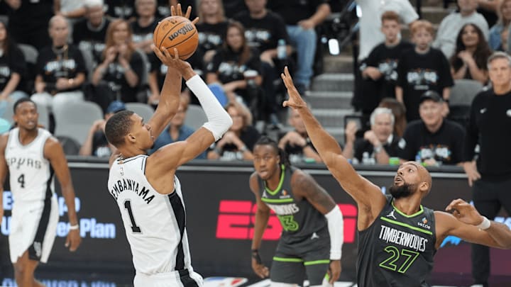 May 6, 2026; San Antonio, Texas, USA; San Antonio Spurs forward Victor Wembanyama (1) shoots over Minnesota Timberwolves center Rudy Gobert (27) in the first half of Game 2 of the second round of the 2026 NBA Playoffs at Frost Bank Center. May 6, 2026; San Antonio, Texas, USA; San Antonio Spurs forward Victor Wembanyama (1) shoots over Minnesota Timberwolves center Rudy Gobert (27) in the first half of Game 2 of the second round of the 2026 NBA Playoffs at Frost Bank Center.
