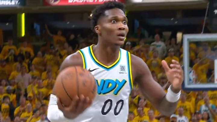 Bennedict Mathurin react to a foul call. 