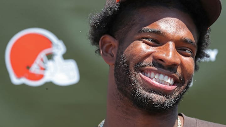 Cleveland Browns quarterback Shedeur Sanders (12) is all smiles as he reflects on his first day of practice during a press conference before day two of NFL rookie minicamp at the Cleveland Browns training facility on Saturday, May 10, 2025, in Berea, Ohio. Cleveland Browns quarterback Shedeur Sanders (12) is all smiles as he reflects on his first day of practice during a press conference before day two of NFL rookie minicamp at the Cleveland Browns training facility on Saturday, May 10, 2025, in Berea, Ohio.