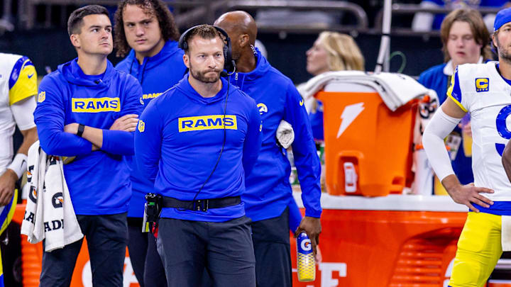 Dec 1, 2024; New Orleans, Louisiana, USA;  Los Angeles Rams head coach Sean McVay looks on against the New Orleans Saints during the first half at Caesars Superdome. Mandatory Credit: Stephen Lew-Imagn Images