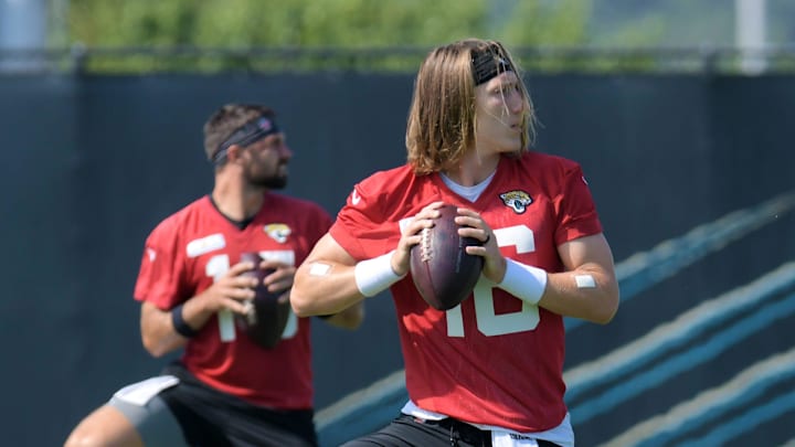 Jaguars quarterbacks (15) Gardner Minshew II and (16) Trevor Lawrence during drills at Tuesday's minicamp session. TIAA Bank Field, June 15, 2021.