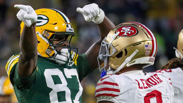 Green Bay Packers wide receiver Romeo Doubs (87) signals for a first down to San Francisco 49ers cornerback Deommodore Lenoir (2) after making a catch on Sunday, November 24, 2024, at Lambeau Field in Green Bay, Wis. The Packers won the game, 38-10.
Tork Mason/USA TODAY NETWORK-Wisconsin