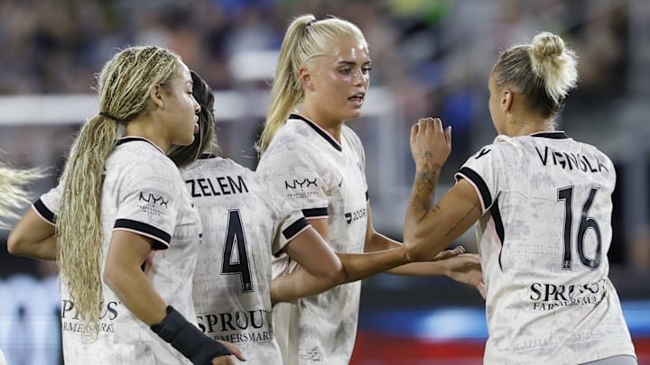 May 2, 2025; Washington, District of Columbia, USA; Angel City FC forward Riley Tiernan (33) celebrates with teammates after scoring a goal against the Washington Spirit during the first half at Audi Field. Mandatory Credit: Geoff Burke-Imagn Images May 2, 2025; Washington, District of Columbia, USA; Angel City FC forward Riley Tiernan (33) celebrates with teammates after scoring a goal against the Washington Spirit during the first half at Audi Field. Mandatory Credit: Geoff Burke-Imagn Images