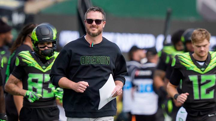 Oregon head coach Dan Lanning runs off at halftime as the Oregon Ducks host the UCLA Bruins on Oct. 10, 2026, at Autzen Stadium in Eugene, Oregon.