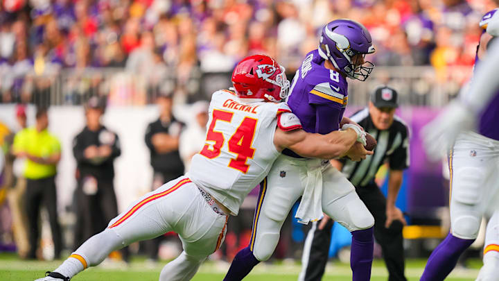 Oct 8, 2023; Minneapolis, Minnesota, USA; Kansas City Chiefs linebacker Leo Chenal (54) sacks