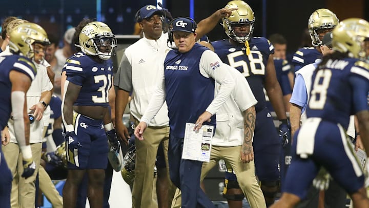 Sep 5, 2022; Atlanta, Georgia, USA; Georgia Tech Yellow Jackets head coach Geoff Collins on the sideline against the Clemson Tigers in the first quarter at Mercedes-Benz Stadium. Mandatory Credit: Brett Davis-Imagn Images