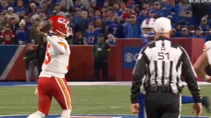 Patrick Mahomes was flagged for intentional grounding at a key moment in the Chiefs-Bills game. 