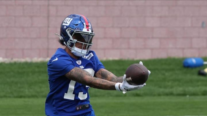 East Rutherford, NJ -- June 11, 2024 -- Wide receiver Jalin Hyatt at the NY Giants Mandatory Minicamp at their practice facility in East Rutherford, NJ. East Rutherford, NJ -- June 11, 2024 -- Wide receiver Jalin Hyatt at the NY Giants Mandatory Minicamp at their practice facility in East Rutherford, NJ.