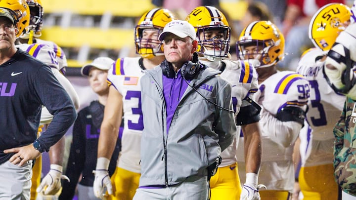 LSU Tigers head coach Brian Kelly looks on against the Alabama Crimson Tide.