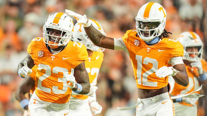 Tennessee defensive back Boo Carter (23) and Tennessee defensive back John Slaughter (12) celebrate after a play during a college football game between Tennessee and Mississippi State at Neyland Stadium in Knoxville, Tenn., on Saturday, Nov. 9, 2024.