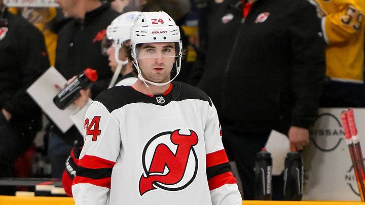 New Jersey Devils defensemen Seamus Casey (24) warms up before a game at Bridgestone Arena. Mandatory Credit: Steve Roberts-Imagn Images New Jersey Devils defensemen Seamus Casey (24) warms up before a game at Bridgestone Arena. Mandatory Credit: Steve Roberts-Imagn Images