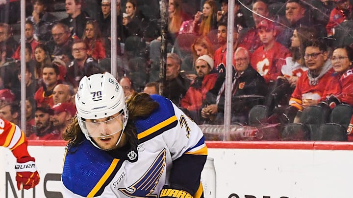 CALGARY, CA - OCTOBER 26: Oskar Sundqvist #70 of the St Louis Blues in action against the Calgary Flames during an NHL game at Scotiabank Saddledome