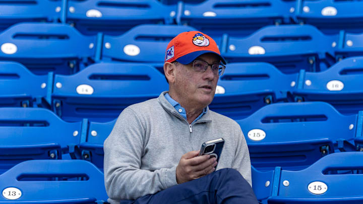 New York Mets owner Steve Cohen sitting in stands during spring training