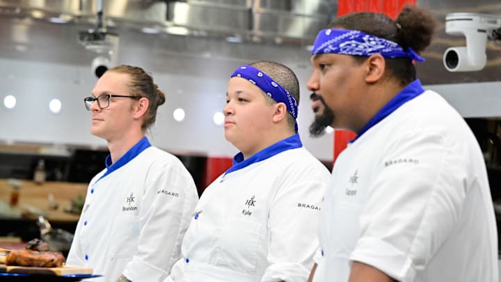 HELL'S KITCHEN: L-R: Contestants Brandon, Kyle, and Egypt in the HELL'S KITCHEN “Black Jacket Time” episode airing Thursday, Jan. 9 (8:00- 9:01PM ET/PT) on FOX. CR: FOX. ©2025 FOX Media LLC.