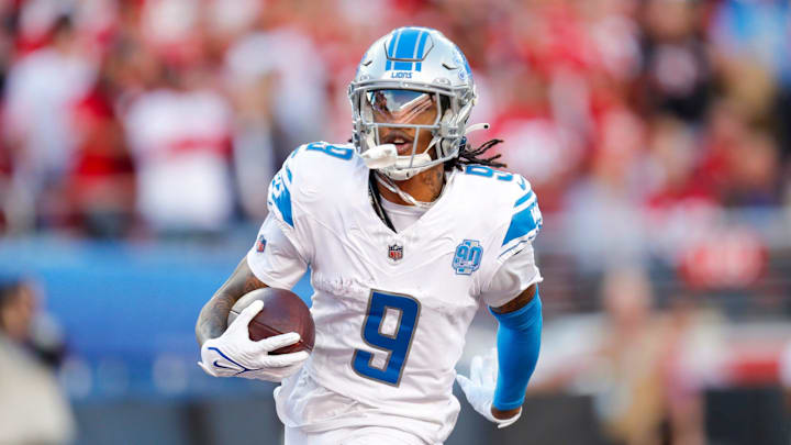 Lions wide receiver Jameson Williams runs the ball in for a touchdown in the first quarter of the NFC Championship Game. 