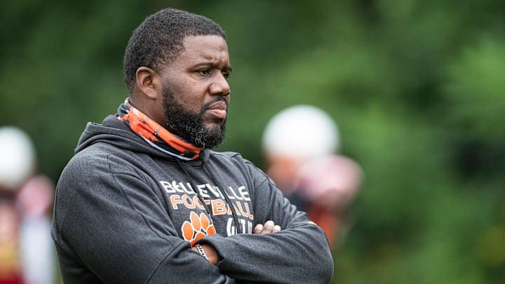 Head coach Jermain Crowell watches practice at Belleville High School in Belleville, Wednesday, Sept. 9, 2020.