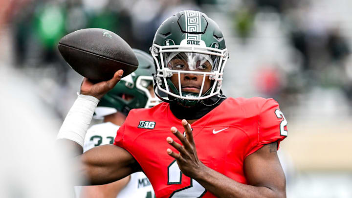 Michigan State's Aidan Chiles throws a pass during the Spring Showcase on Saturday, April 20, 2024, at Spartan Stadium in East Lansing.