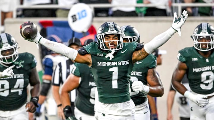 Michigan State's Nikai Martinez celebrates his interception against Florida Atlantic during the second quarter on Friday, Aug. 30, 2024, at Spartan Stadium in East Lansing.