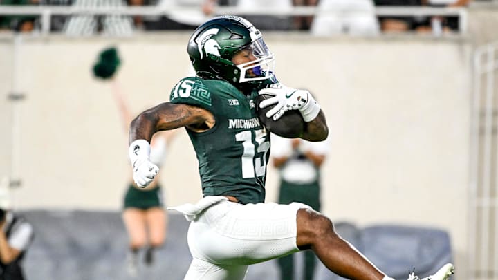 Michigan State's Kay'ron Lynch-Adams runs for a touchdown against Florida Atlantic during the second quarter on Friday, Aug. 30, 2024, at Spartan Stadium in East Lansing.