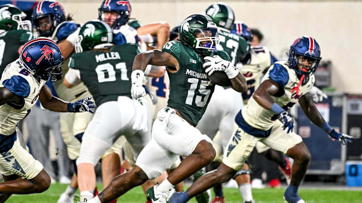 Michigan State's Kay'ron Lynch-Adams runs for a touchdown against Florida Atlantic during the second quarter on Friday, Aug. 30, 2024, at Spartan Stadium in East Lansing.