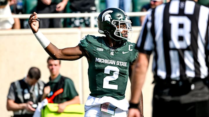 Michigan State's Aidan Chiles celebrates after his rushing touchdown against Prairie View A&M during the first quarter on Saturday, Sept. 14, 2024, at Spartan Stadium in East Lansing.
