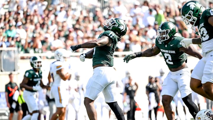 Michigan State's Ken Talley celebrates after a sack of Prairie View A&M's Cameron Peters during the first quarter on Saturday, Sept. 14, 2024, at Spartan Stadium in East Lansing.
