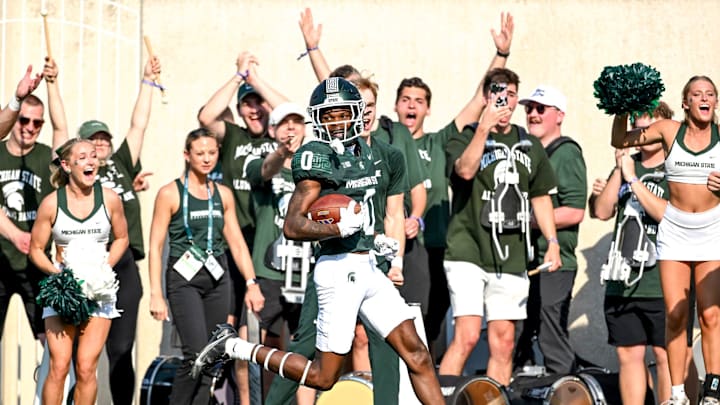 Michigan State's Charles Brantley heads to the end zone after an interception that was called back on a penalty during the second quarter in the game against Prairie View A&M on Saturday, Sept. 14, 2024, at Spartan Stadium in East Lansing.