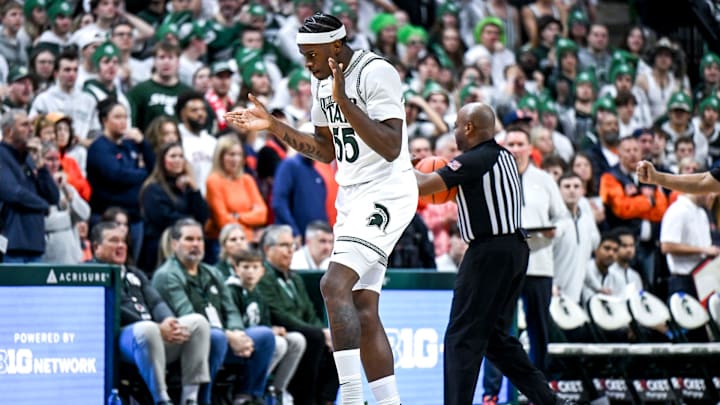 Michigan State's Coen Carr celebrates after an Illinois timeout during the second half on Sunday, Jan. 19, 2025, at the Breslin Center in East Lansing.