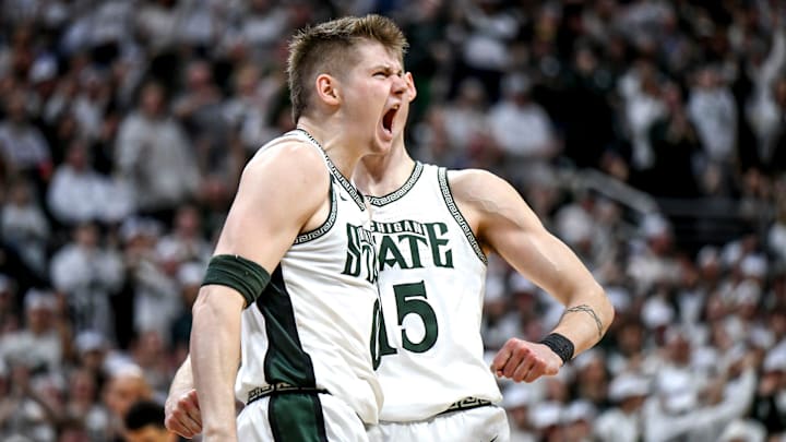 Michigan State's Jaxon Kohler celebrates after scoring and drawing an Oregon foul during the second half on Saturday, Feb. 8, 2025, at the Breslin Center East Lansing.