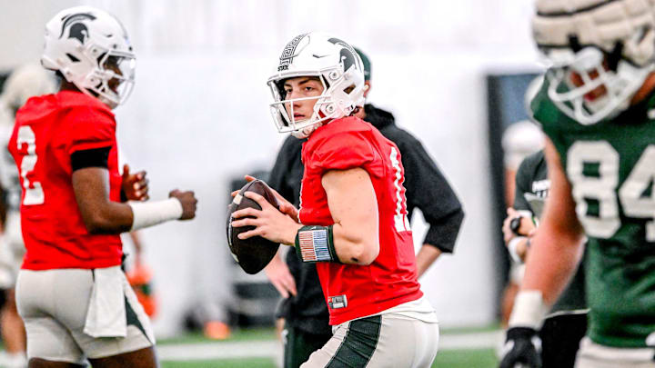 Michigan State quarterback Alessio Milivojevic looks to throw during football practice on Tuesday, April 8, 2025, in East Lansing.