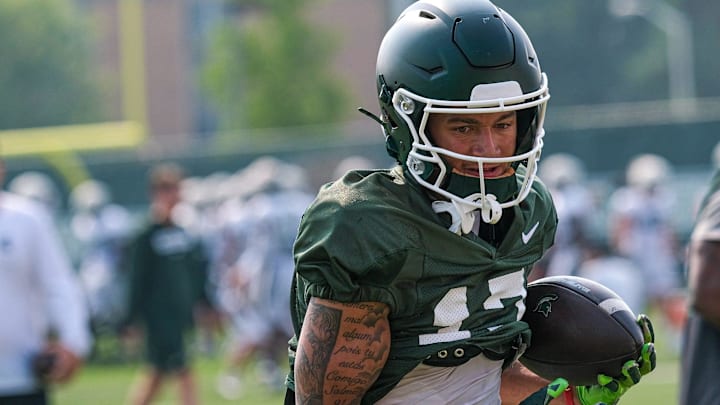 Michigan State's Braylon Collier (17) pulls down a pass in the second week of practice Tuesday, Aug. 5, 2025.