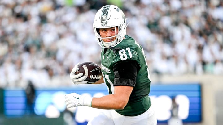 Michigan State's Michael Masunas runs after a catch against Western Michigan during the second quarter on Friday, Aug. 29, 2025, in East Lansing.
