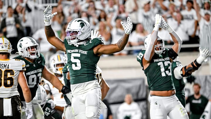 Michigan State's Jordan Hall celebrates a safety against Western Michigan during the third quarter on Friday, Aug. 29, 2025, in East Lansing.