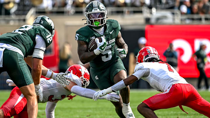 Michigan State's Makhi Frazier runs for a gain against Youngstown State during the first quarter on Saturday, Sept. 13, 2025, at Spartan Stadium in East Lansing.