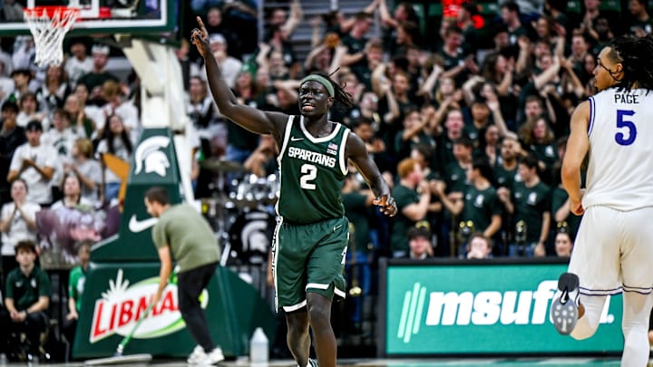 Michigan State's Kur Teng celebrates after a 3-pointer against Niagara during the second half on Thursday, Nov. 7, 2024, at the Breslin Center in East Lansing.