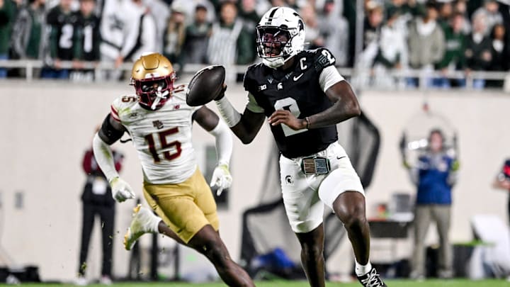 Michigan State's Aidan Chiles looks to throw against Boston College during the fourth quarter on Saturday, Sept. 6, 2025, at Spartan Stadium in East Lansing.