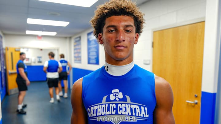 Samson Gash, a four-star wide receiver from Novi Detroit Catholic Central who has officially committed to Michigan State, practices on Monday, Aug. 11, 2025.