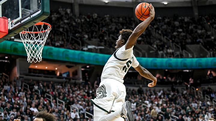 Michigan State's Coen Carr dunks against Indiana during the second half on Tuesday, Jan. 13, 2026, at the Breslin Center in East Lansing. Michigan State's Coen Carr dunks against Indiana during the second half on Tuesday, Jan. 13, 2026, at the Breslin Center in East Lansing.