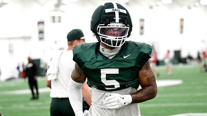 Michigan State's Jordan hall participates in a drill during spring football practice on Tuesday, April 14, 2026, in East Lansing.