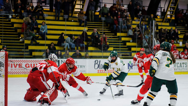 Vermont's Saana Valkama (24) takes a shot during the women's hockey game between the Boston Terriers and the Vermont Catamounts at Gutterson Field House on Friday night February 1, 2019 in Burlington, Vermont.

Boston Vs Vermont Women S Hockey 01 01 19