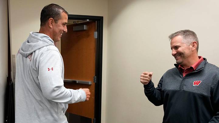 Wisconsin Badgers head coach Luke Fickell (left) greets Wisconsin Badgers defensive Coordinator Mike Tressel after Fickell spoke to the media during Wisconsin Badgers football media day at Camp Randall Stadium in Madison on Tuesday, Aug. 1, 2023. Wisconsin Badgers head coach Luke Fickell (left) greets Wisconsin Badgers defensive Coordinator Mike Tressel after Fickell spoke to the media during Wisconsin Badgers football media day at Camp Randall Stadium in Madison on Tuesday, Aug. 1, 2023.