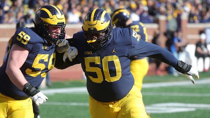 Michigan's Michael Onwenu and Joel Honigford at the spring game Saturday, April 13, 2019 at Michigan