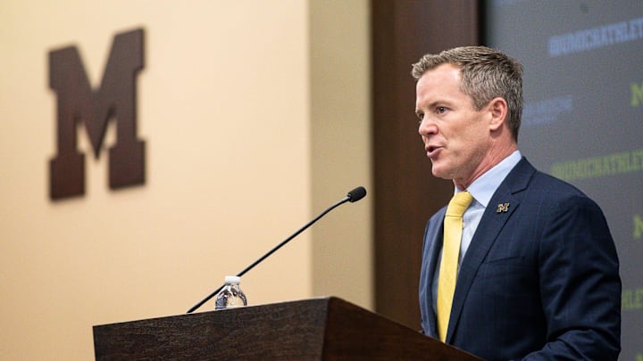U-M's new men's basketball head coach Dusty May speaks during introductory press conference at Junge