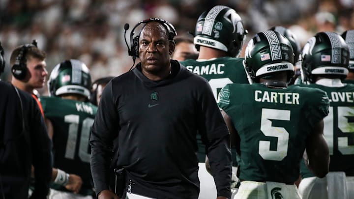 Mel Tucker looks on during a Michigan State game against Central Michigan on Sept. 1, 2023.