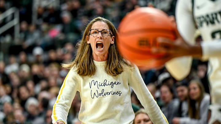 Michigan's head coach Kim Barnes Arico calls out to the team during the first quarter in the game against Michigan State on Sunday, Feb. 1, 2026, at the Breslin Center in East Lansing.